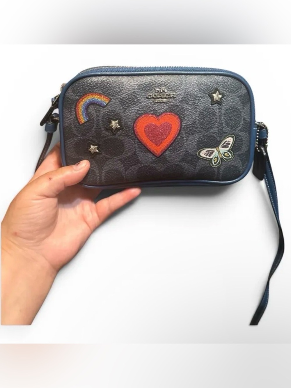 Coach Navy Crossbody with Heart, Rainbow & Butterfly Patches